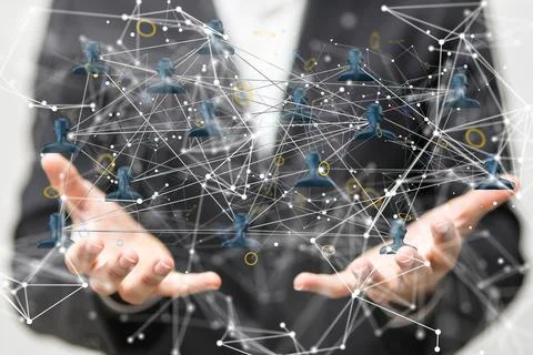 A 3D rendered abstract unity group and teamwork icon hovering over the person Stockfoto's