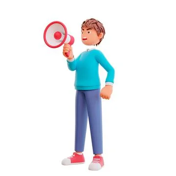 3D rendered angry boy with a megaphone in his hand Stock Illustration