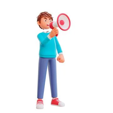 3D rendered angry boy with a megaphone in his hand Stock Illustration