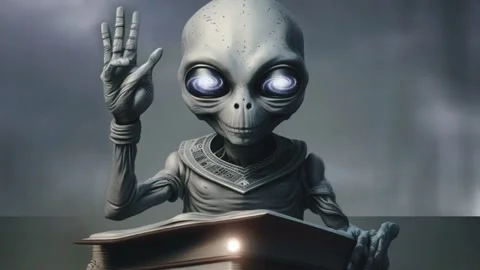 3D rendered animation of an alien reading the sparking book of fate on gray back Stock Footage 238442389