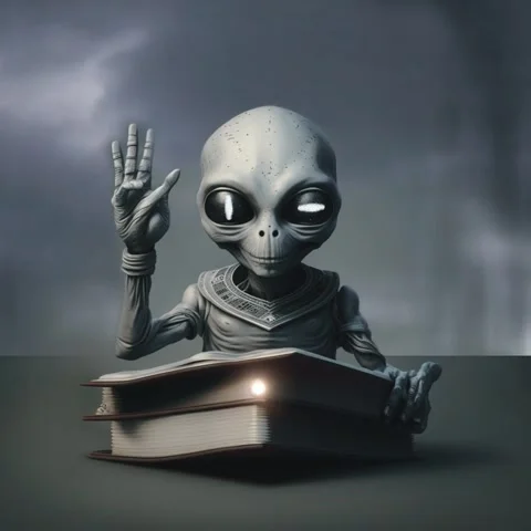 3D-rendered animation of an alien reading the sparking book of Destiny on empty Stock Footage 238511833
