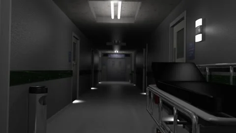 3D rendered animation, tracking down a scary hospital corridor at night Stock Footage 141624986