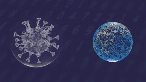 3d rendered antibody fighting an alien virus cell over dark data background. Stock Illustration
