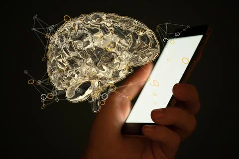 3D rendered Artificial Intelligence and mobile phone held in a person's hand Stock Photos