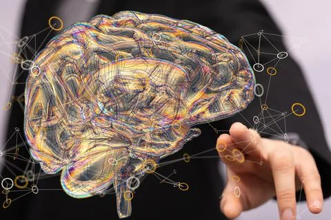 3D rendered Artificial Intelligence and mobile phone held in a person's hand Stock Photos