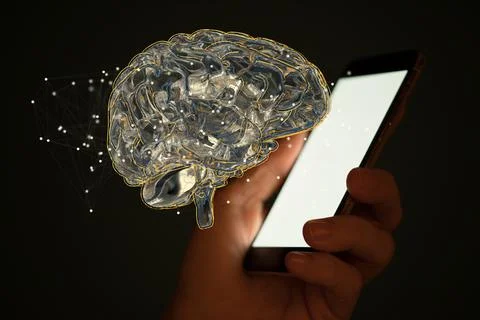 3D rendered Artificial Intelligence and mobile phone held in a person's hand Stock Photos