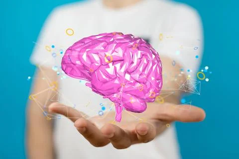 3D rendered Artificial Intelligence held in a person's hand Stock Photos