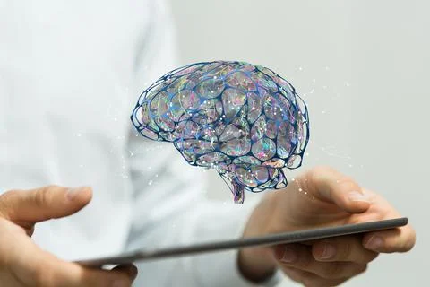 3D rendered Artificial Intelligence held in a person's hand Stock Photos