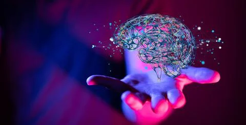 3D rendered Artificial Intelligence held in a person's hand Stock Photos