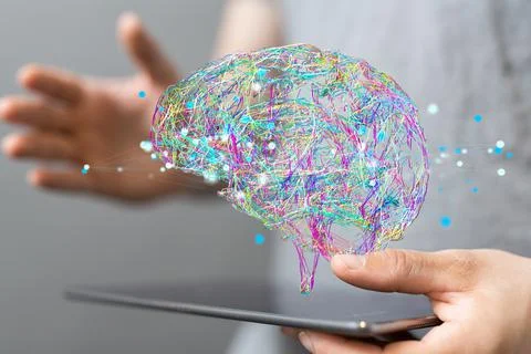 3D rendered Artificial Intelligence held in a person's hand Stock Photos