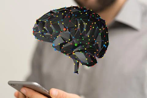 3D rendered Artificial Intelligence held in a person's hand Stock Photos