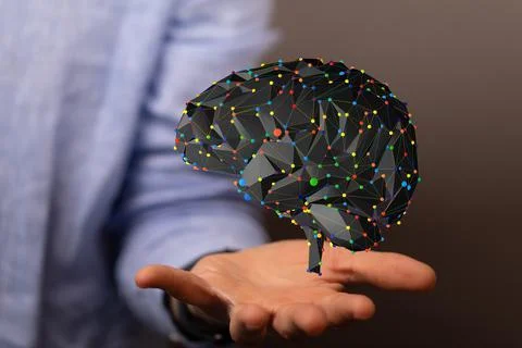 3D rendered Artificial Intelligence held in a person's hand Stock Photos