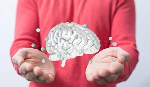 3D rendered Artificial Intelligence held in a person's hand Stock Photos