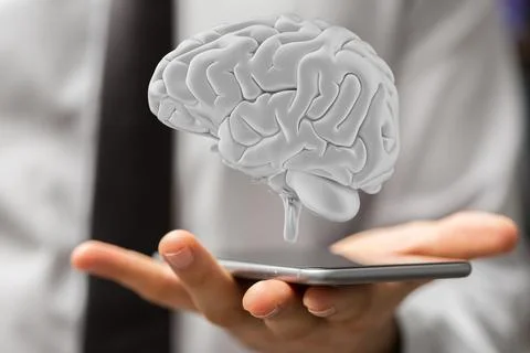 3D rendered Artificial Intelligence held in a person's hand Stock Photos