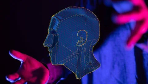 3D rendered Artificial Intelligence held in a person's hand Stock Photos