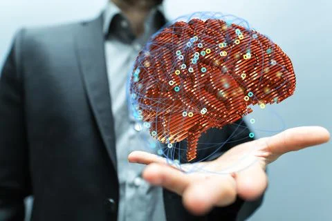 3D rendered Artificial Intelligence held in a person's hand Stock Photos