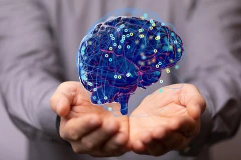 3D rendered Artificial Intelligence held in a person's hand Stock Photos