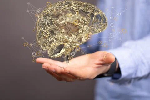 3D rendered Artificial Intelligence held in a person's hand Stock Photos
