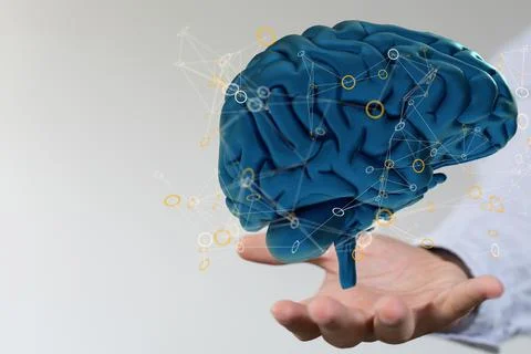 3D rendered Artificial Intelligence held in a person's hand Stock Photos