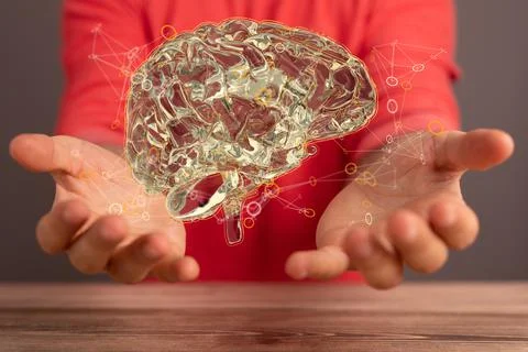 3D rendered Artificial Intelligence held in a person's hand Stock Photos