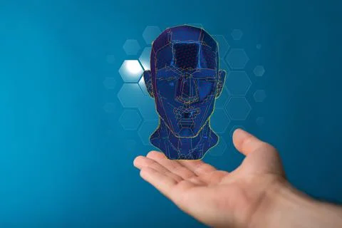 3D rendered Artificial Intelligence held in a person's hand Stock Photos
