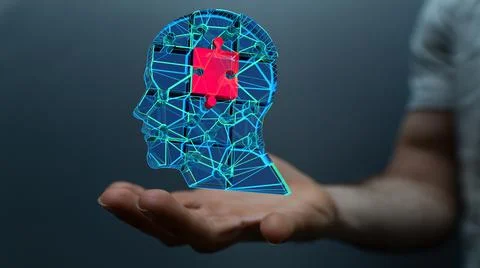 3D rendered artificial intelligence icon over a male hand Stock Photos