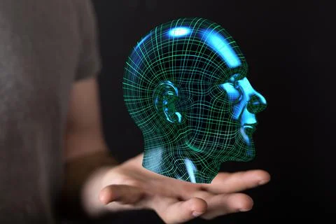 3D rendered artificial intelligence icon over a male hand Stock Photos