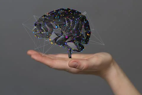 3D rendered Artificial Intelligence in a person's hand Stock Photos