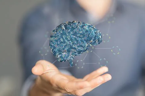 3D rendered Artificial Intelligence in a person's hand Stock Photos