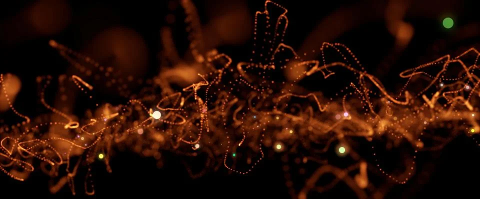3D rendered background of an abstract digital wave of orange particles on a blac Stock Illustration