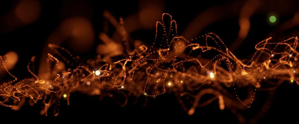 3D rendered background of an abstract digital wave of orange particles on a blac Stock Illustration