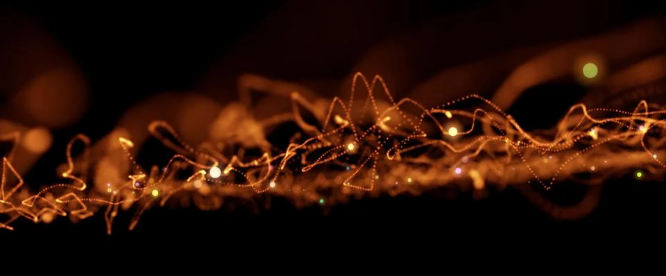 3D rendered background of an abstract digital wave of orange particles on a blac Stock Illustration
