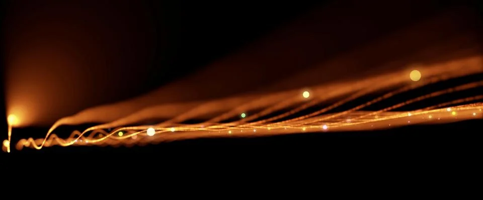 3D rendered background of an abstract digital wave of orange particles on a blac Stock Illustration
