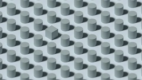 3d rendered background. grid of gray cylinders with one cube Stock Illustration