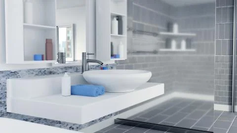 3D Rendered Bathroom Interior Design With Blue Towels Stock Illustration