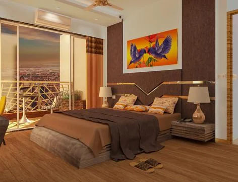 3d rendered bedroom design bed with side table. blue love bird painting on wa Illustrazione stock