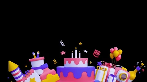 3D Rendered Birthday Cake with Gift Boxes and Confetti on a Black Background Stock Footage 338370597