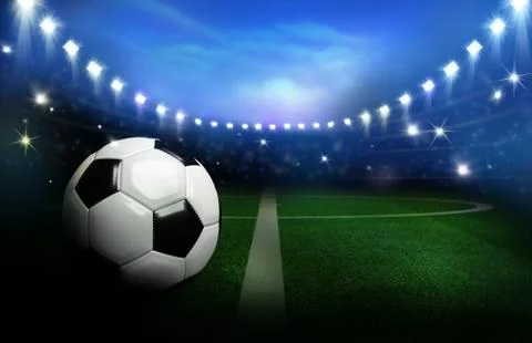 3D Rendered black and white soccer ball on green field in the football stadiu Stock Illustration