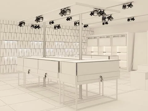 3d rendered black and white image of showroom's fasada . rendered edges of fu Stock Illustration