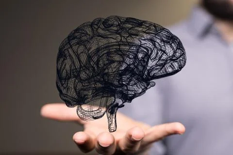 A 3D rendered black human brain hovering over a man's palms - Artificial Inte Stock Photos