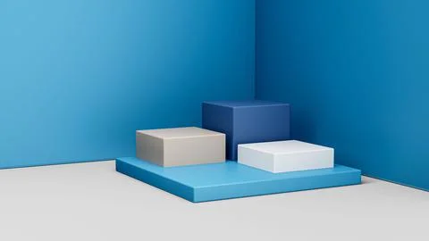 3D rendered blue and white corner with mockup pedestal podium Stock Illustration