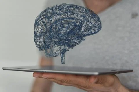 3D rendered blue brain hovering over a tablet - Artificial Intelligence Stock Photos