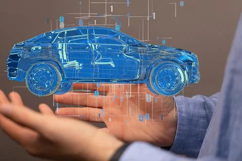 3D rendered blue car with binary code hovering over a person's palms Foto stock