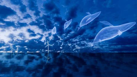 3d rendered blue whales fly among wind turbines Stock Illustration