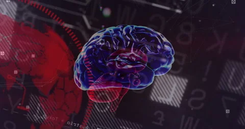 3D-rendered brain floating mid-air, displaying neon network nodes and digital Stock Footage 309106308