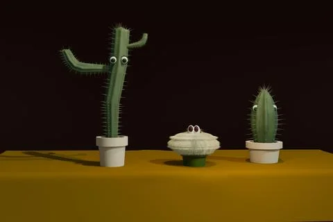 3d rendered cacti cartoons react to viewer Illustrazione stock