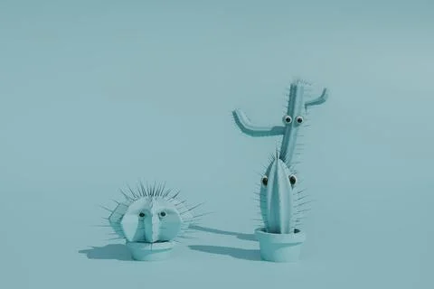 3d rendered cacti cartoons react to viewer イラスト素材