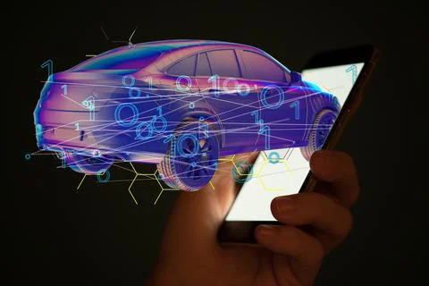 3D rendered car with binary code against a phone 스톡 사진