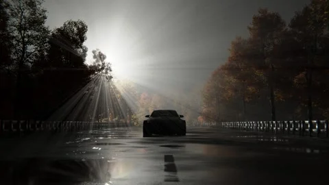 3D rendered car stops on forest road at sunset and turns on headlights Stock Footage 312367073