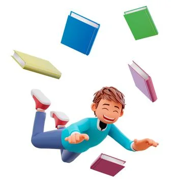 3D-rendered cartoon boy floating with many books on a white background - educati 스톡 일러스트